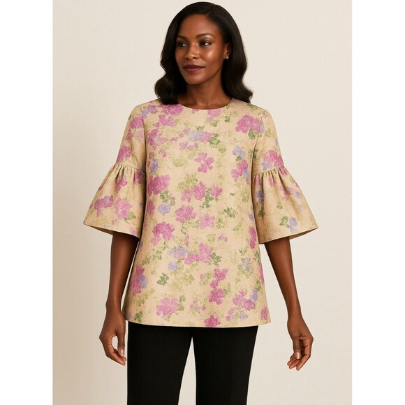 Tuckernuck Floral Jacquard Bell Sleeve Blouse Beige Pink Green Top Size Large - Picture 1 of 16